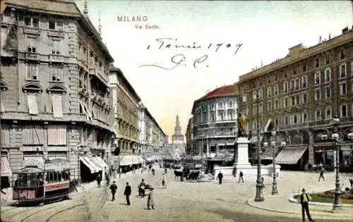 Ak Milano Mailand Lombardia, Vorderansicht auf Via Dante, historische Architektur, Statue, Tram