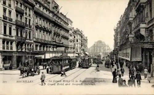 Ak Bruxelles Brüssel, Le Grand Hotel et le Boulevard Anspach, tramway