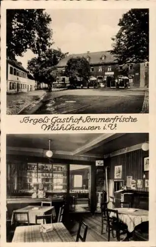 Ak  Mühlhausen Bad Elster Vogtland, Sörgels Gasthof, Stadtansicht, Innenraum Gasthof, historis...