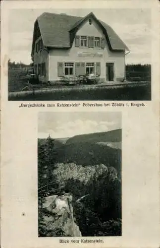 Ak Pobershau Marienberg im Erzgebirge, Haus Bergschänke zum Katzenstein, Blick vom Katzenstein