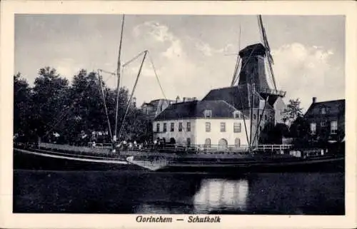 Ak Gorinchem Südholland Niederlande, Schutkolk, Schiff, Windmühle