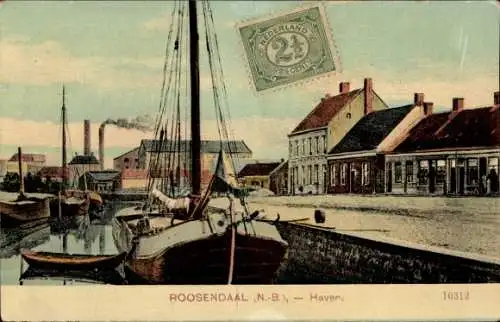 Ak Roosendaal Nordbrabant Niederlande, Hafenansicht, Gebäude und Boote, Rauchende Schornsteine