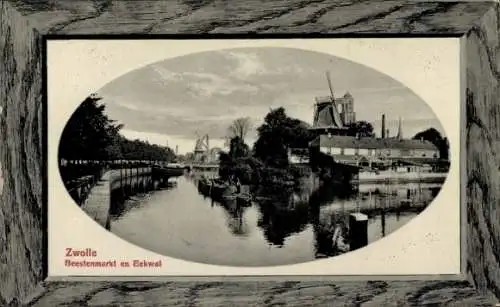 Ak Zwolle Overijssel Niederlande, Stadtansicht, Beestenmarkt, Eekwal, Fluss, Windmühlen