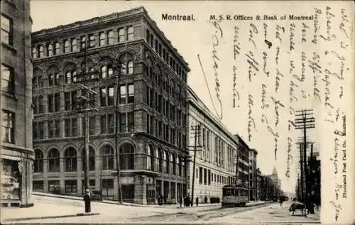 Ak Montreal Québec Kanada, Postkarte von  Gebäude, Straßenbahn, Beschriftung auf Französisch