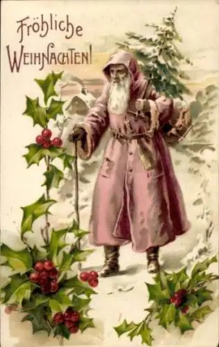 Litho Frohe Weihnachten, Weihnachtsmann mit Tannenbaum, Stechpalmenzweige