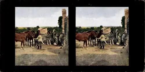 Stereo Foto Kriegsschauplatz 1. WK, Wasserfassen an der Front, Chromoplast Bild No. 330