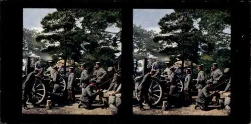 Stereo Foto Kriegsschauplatz 1. WK, Feldküche an der Front in Tätigkeit, Chromoplast Bild No. 331