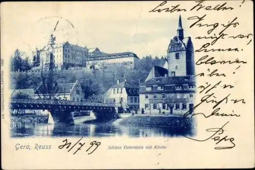 Ak Untermhaus Gera in Thüringen, Schloss Osterstein, Brücke, Kirche