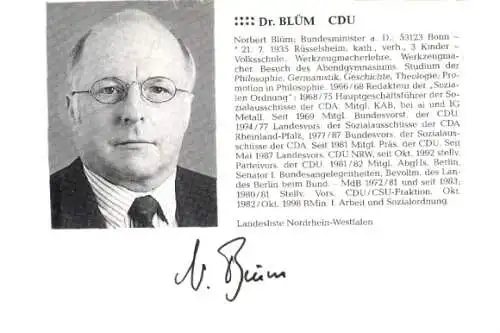 Ak Politiker Dr. Blüm, CDU, Autogramm