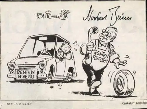 Autogramm Norbert Blüm, Arbeitsminister, Karikatur von Tomicek, Rentenreform, 1997