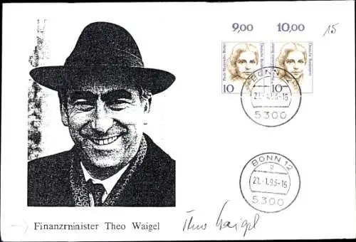 Autogramm Theo Waigel, Finanzminister, Portrait, 1993