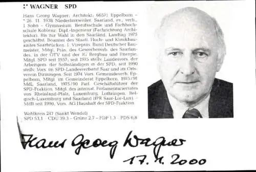 Autogramm Politiker Hans Georg Wagner, Wahlkreis St. Wendel, SPD, Portrait, 17.1.2000