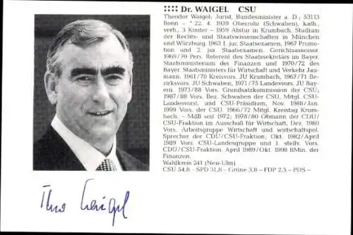 Autogramm Dr. Theo Waigel, CSU, Bundesfinanzminister, Portrait