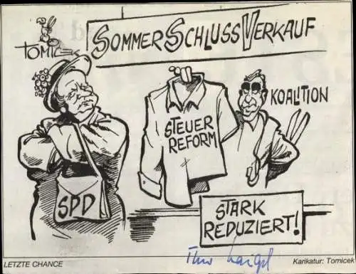 Autogramm Theo Waigel, Bundesfinanzminister, Karikatur Tomicek, Oskar Lafontaine, 1997