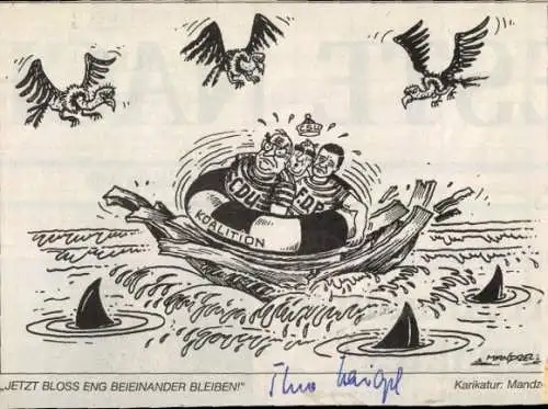 Autogramm Theo Waigel, Bundesfinanzminister, Karikatur Mandzel, Helmut Kohl, Jürgen Möllemann