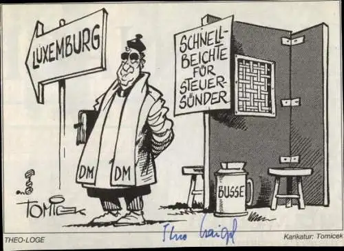 Autogramm Theo Waigel, Bundesfinanzminister, Karikatur Tomicek, 1997