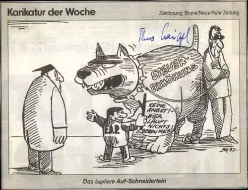 Autogramm Theo Waigel, Bundesfinanzminister, Karikatur Bruns, Das tapfere Auf-Schneiderlein