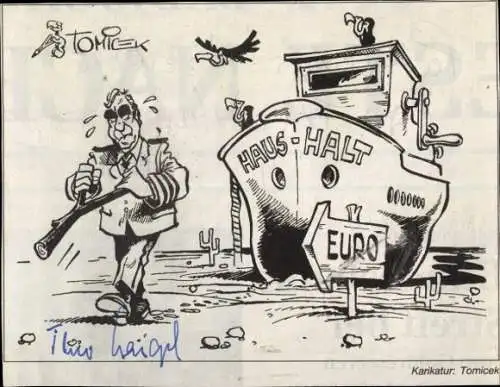 Ak Politiker Theo Waigel, Karikatur, Autogramm