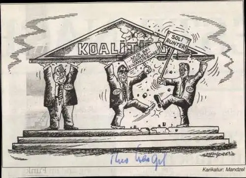 Ak Politiker Theo Waigel mit Helmut Kohl, Karikatur, Autogramm