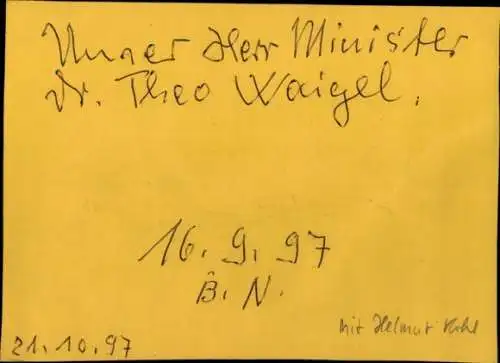 Ak Politiker Theo Waigel mit Helmut Kohl, Karikatur, Autogramm