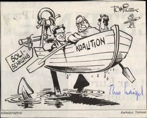 Ak Politiker Theo Waigel mit Helmut Kohl, Karikatur, Hängepartie, Autogramm