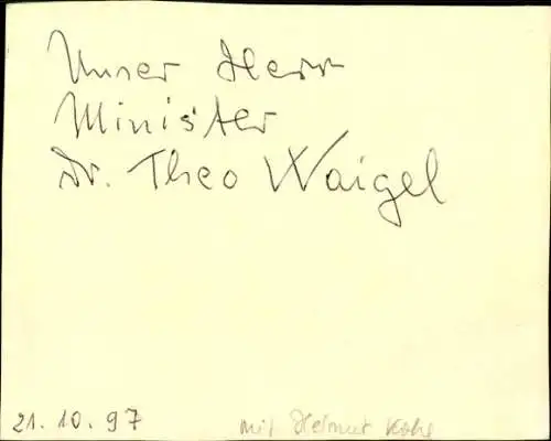 Ak Politiker Theo Waigel mit Helmut Kohl, Karikatur, Hängepartie, Autogramm