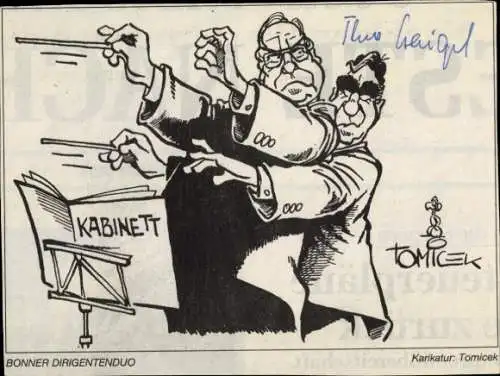 Ak Politiker Theo Waigel, Helmut Kohl, Bonner Dirigentenduo, Karikatur, Autogramm