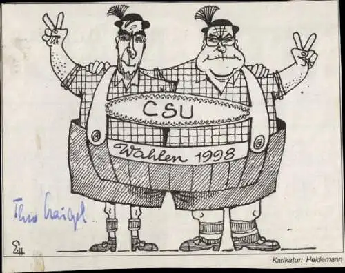 Ak Politiker Theo Waigel, Helmut Kohl, CSU Wahlen 1998, Karikatur, Autogramm