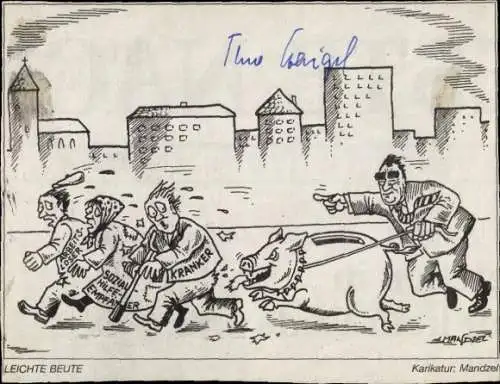 Ak Politiker Theo Waigel, Leichte Beute, Karikatur Mandzel, Autogramm