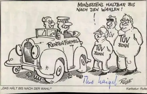Ak Politiker Theo Waigel, Norbert Blüm, Helmut Kohl, Karikatur Rulle, Autogramm