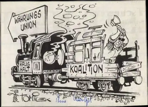 Ak Politiker Theo Waigel, Währungs Union, Karikatur Tomicek, Autogramm