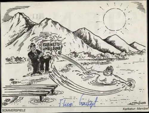 Ak Politiker Theo Waigel, Helmut Kohl, Sommerspiele, Karikatur Mandzel, Autogramm