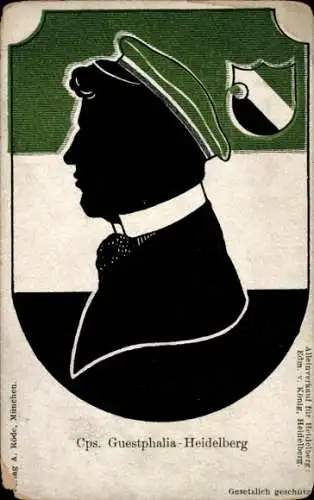 Studentika Ak Heidelberg, Corps Guestphalia, Schattenbild eines Studenten, Wappen, KSCV