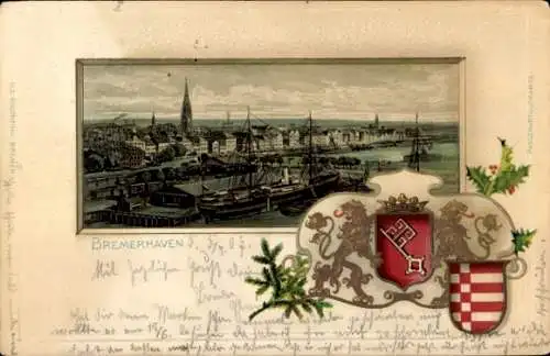 Präge Wappen Passepartout Ak Bremerhaven, Hafen und Stadt, Neujahr