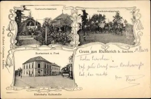 Ak Richterich Aachen, Restaurant zur Post, Kleinbahn-Haltestelle, Gartenrestaurant