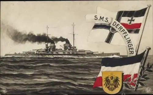 Ak Deutsches Kriegsschiff, SMS Derfflinger, Großer Kreuzer, Fahnen, Wappen, NPG, GLK