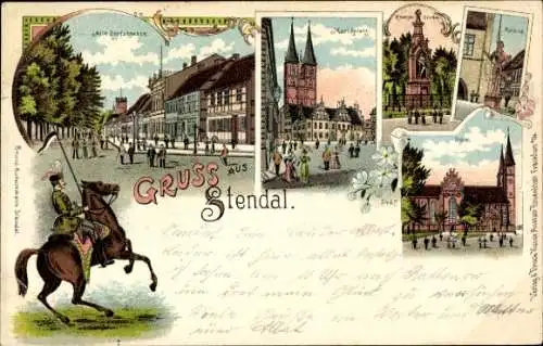 Litho Stendal in Sachsen Anhalt, Alte Dorfstraße, Marktplatz, Roland, Dom, Kriegerdenkmal