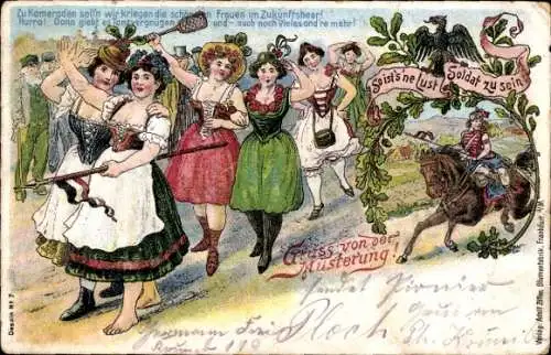 Litho Musterung, Frauen in Volkstrachten, Zukunftsheer, Kaiserzeit