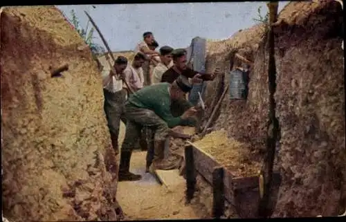 Ak Deutsche Soldaten in Uniformen, Schützengraben, Vollendung