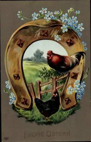 Litho Frohe Ostern, Hühner, Hufeisen