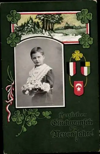 Passepartout Ak Neujahrsglückwunsch, Kinderportrait, Klee, Wappen