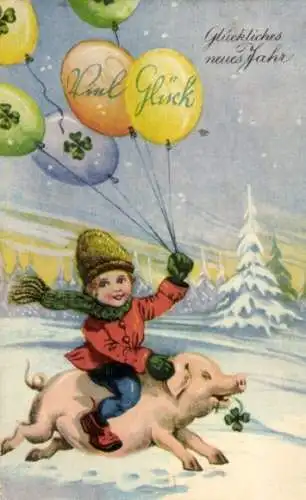 Ak Glückwunsch Neujahr, Kind, Schwein, Ballons, Glücksklee