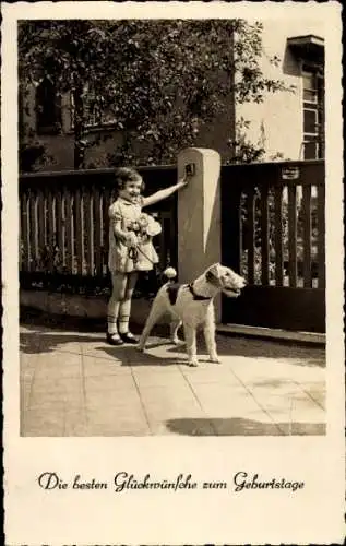 Ak Glückwunsch Neujahr, Mädchen mit Blumenstrauß, Terrier