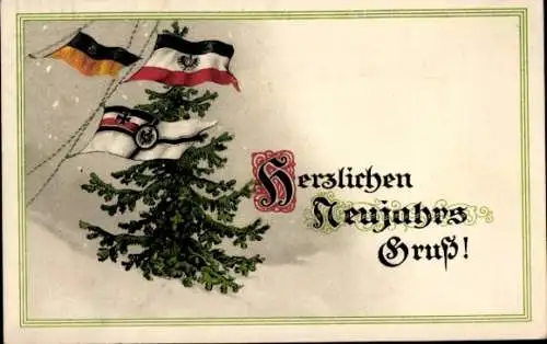 Ak Glückwunsch Neujahr, Fahnen, Tannenbaum, Patriotik