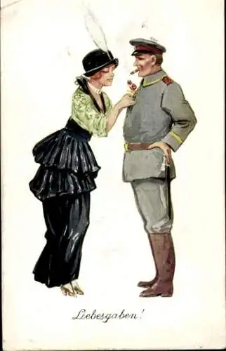 Ak Liebesgaben, Soldat in Uniform, Frau, Geschenk, Blume