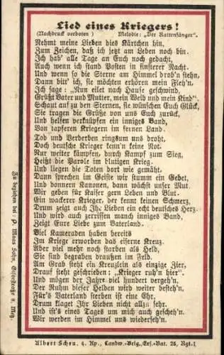 Ak Gedicht Lied eines Kriegers, Nehmt eure Lieben dies Kärtchen hin...