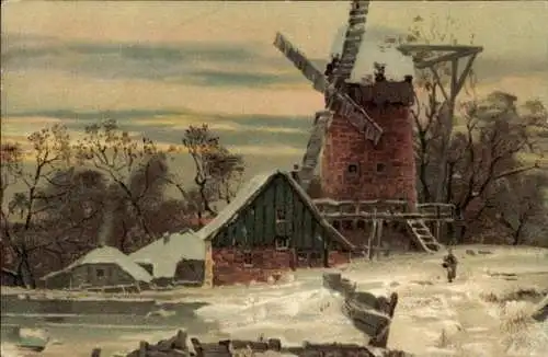 Litho Windmühle, Winter, Schnee, Haus