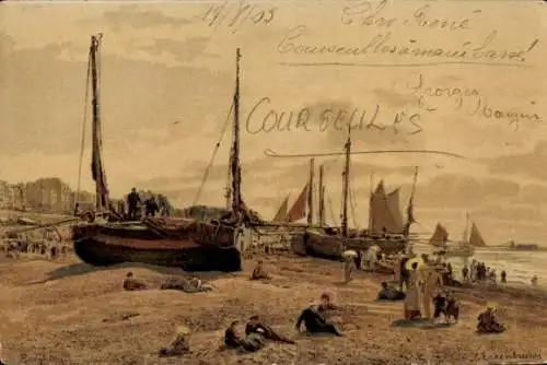 Künstler Litho Menschen am Strand, Segelschiffe, Boote