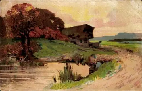 Litho Teich, Straße, Wohnhaus, Blühender Baum