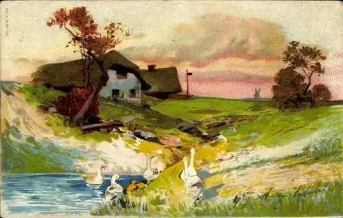 Litho Wohnhaus, Wiese, Gänse, Teich